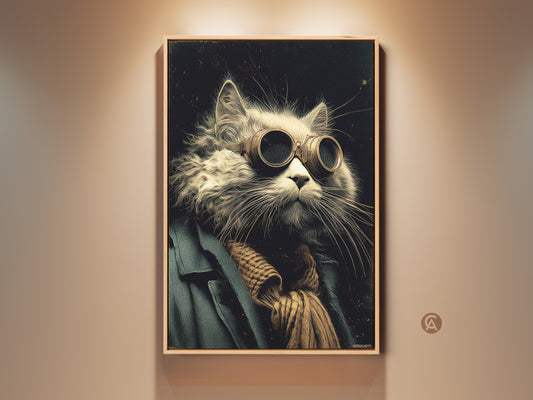 Gallery view of steampunk cat artwork. This framed art features a cat with goggles and a scarf. The cat portrait is on display. A unique piece for cat lovers and steampunk enthusiasts.