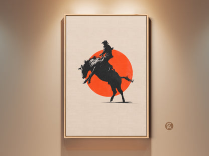 Minimalist cowboy art print. A black silhouette of a cowboy on a bucking horse. An orange sun creates a modern farmhouse decor. This man cave gift is framed in oak and ready to hang.