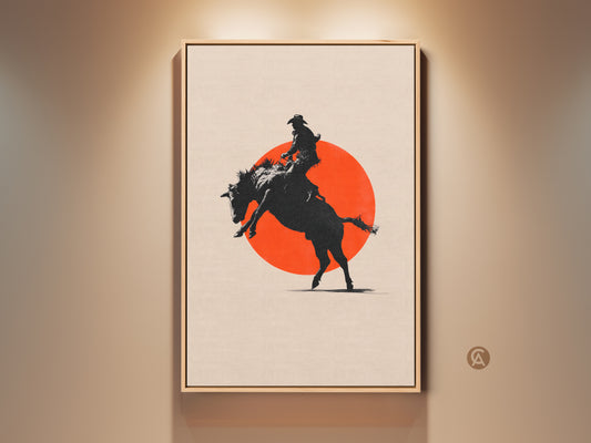 Minimalist cowboy art print. A black silhouette of a cowboy on a bucking horse. An orange sun creates a modern farmhouse decor. This man cave gift is framed in oak and ready to hang.