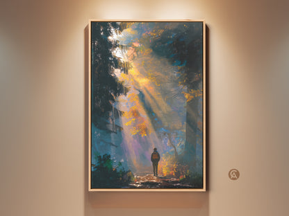 A framed artwork of a lone hiker in a sunlit forest. This serene art piece captures the beauty of nature. The light filters through the trees illuminating the path ahead. Perfect wall art for nature lovers. Bring the tranquility of the forest into your home with this captivating print.