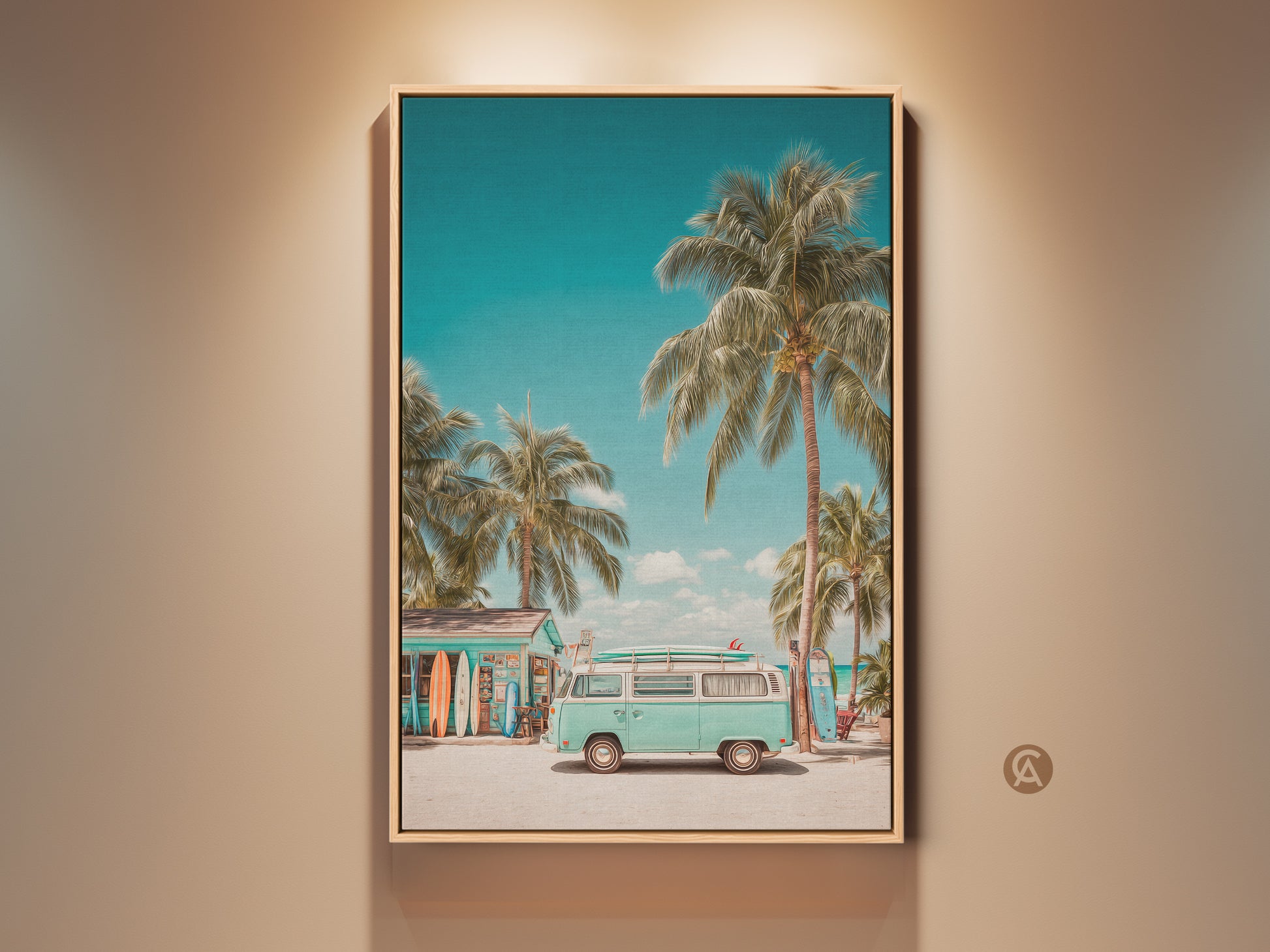 Framed canvas art of a vintage VW bus parked near a beach surf shop. The artwork features tropical palm trees and surfboards creating a nostalgic summer scene. The floating frame enhances the aesthetic. It is perfect for beach lovers.