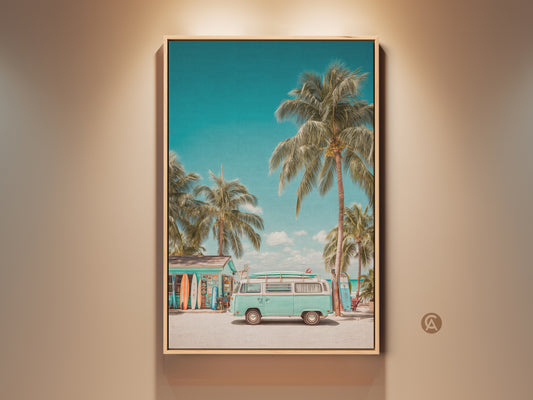 Framed canvas art of a vintage VW bus parked near a beach surf shop. The artwork features tropical palm trees and surfboards creating a nostalgic summer scene. The floating frame enhances the aesthetic. It is perfect for beach lovers.