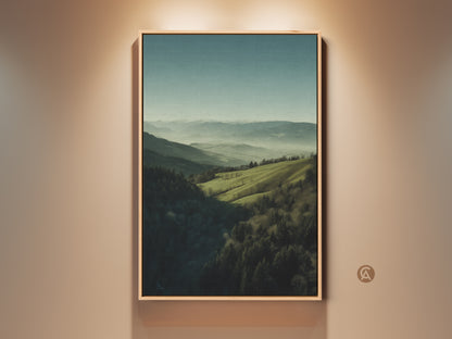 Framed forest green and misty blue landscape canvas print. It features mountain hills nature wall art. Ideal bedroom decor or a housewarming gift for outdoor enthusiasts. The modern artwork brings a serene escape to any home decor. This piece features a wooden frame.