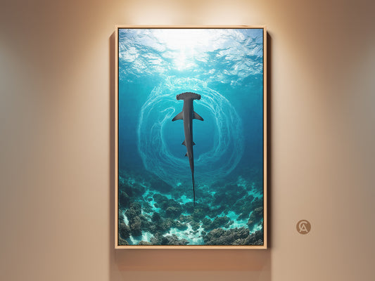 A framed canvas print displays a hammerhead shark swimming above a coral reef. Sunlight filters through the deep blue water. This marine life artwork adds a touch of contemporary style to any room. It is a perfect gift for ocean lovers and nautical decor enthusiasts.