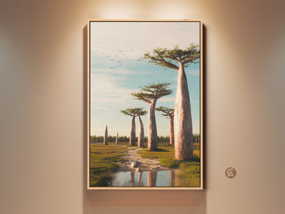 Framed realistic Baobab Tree art print. This African Savanna landscape canvas features earth tones. Sky blue nature wall decor complements the photorealistic home decor. A beautiful piece.