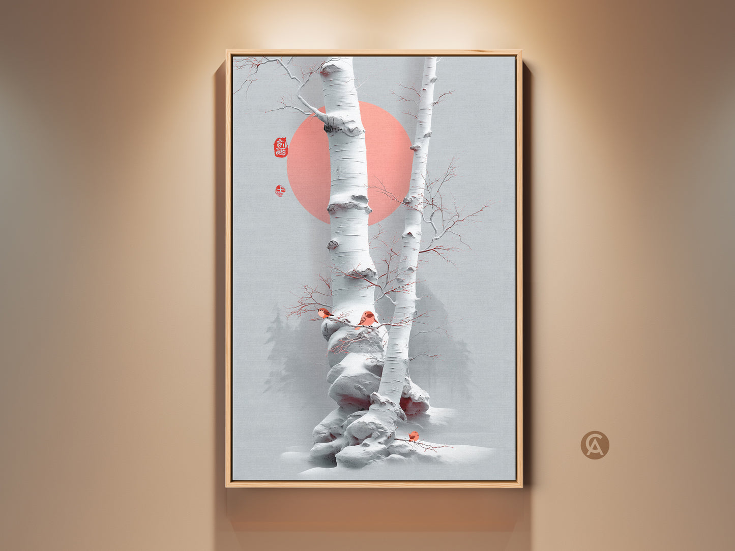 Framed Scandinavian birch tree artwork. A minimalist winter birds print on canvas enhances this nature wall decor. Japanese ink style depicts serene trees with a coral sun accent. A tranquil piece for elegant home decor.
