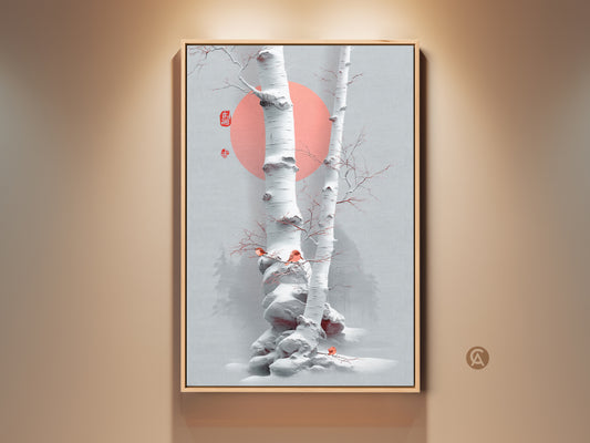 Framed Scandinavian birch tree artwork. A minimalist winter birds print on canvas enhances this nature wall decor. Japanese ink style depicts serene trees with a coral sun accent. A tranquil piece for elegant home decor.