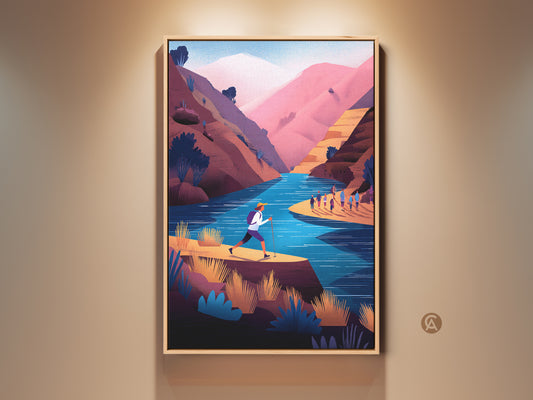 Framed Adventure River Landscape Art Print. Contemporary teal and pink mountain scene canvas in a wood frame hangs on a wall. Perfect gift for hikers and outdoor lovers. The artwork enhances any living space. Modern graphic landscape art for your home.