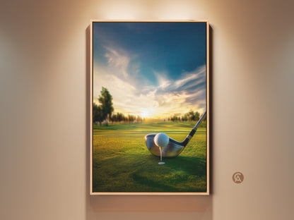 Golf course sunset artwork in a wood frame. A golf ball sits on the tee ready to be launched. This beautiful artwork brings the serenity of the golf course to your home. A perfect gift for the golf lover. Buy this framed golf art today.