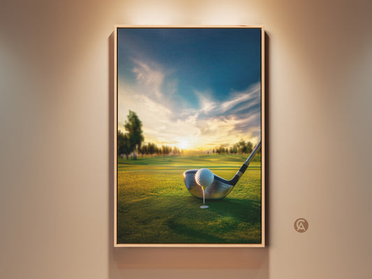 Golf course sunset artwork in a wood frame. A golf ball sits on the tee ready to be launched. This beautiful artwork brings the serenity of the golf course to your home. A perfect gift for the golf lover. Buy this framed golf art today.