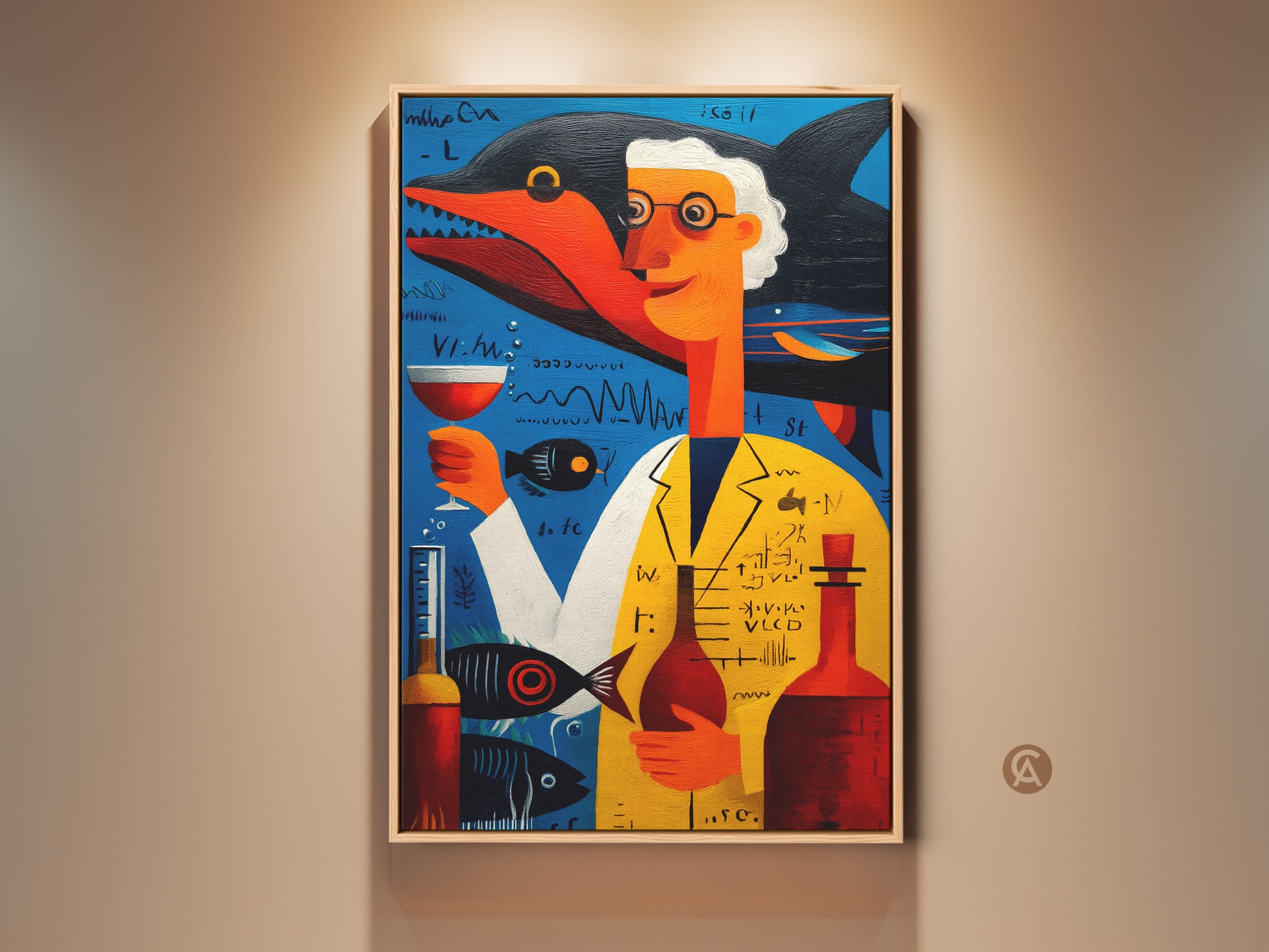 Surreal science artwork on canvas. A scientist with a shark head enjoys wine. Find blue yellow and orange art for a quirky study office. The composition features marine life elements. This art print enhances intellectual decor.