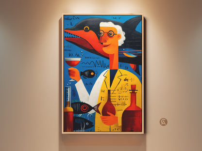 Surreal science artwork on canvas. A scientist with a shark head enjoys wine. Find blue yellow and orange art for a quirky study office. The composition features marine life elements. This art print enhances intellectual decor.
