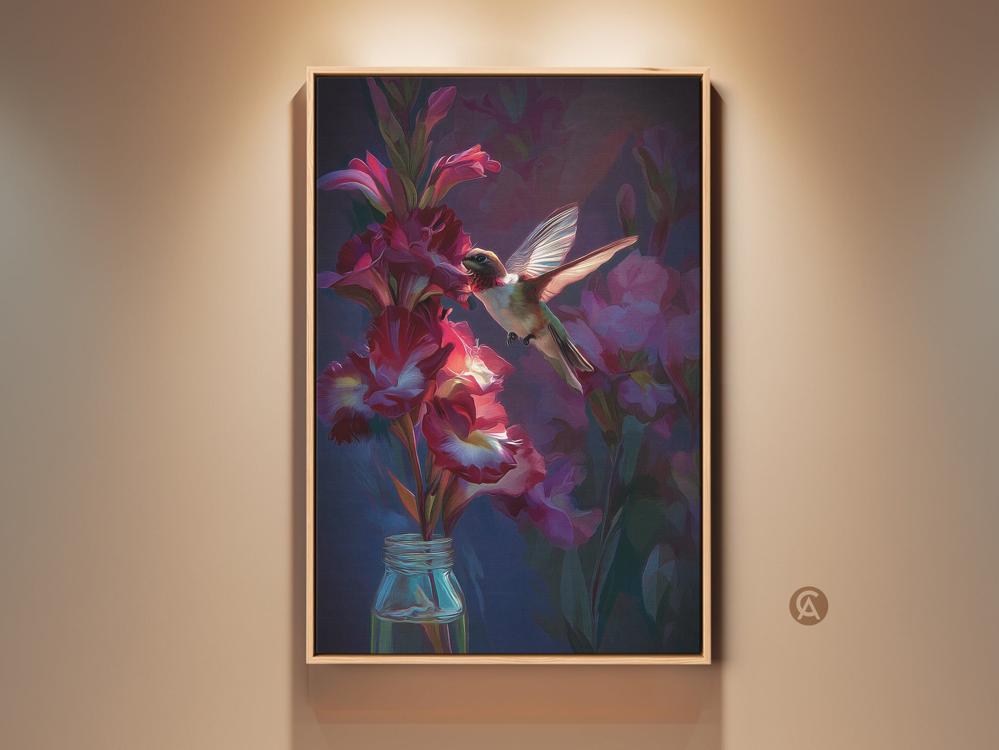 Impressionistic hummingbird artwork in a wood frame. The art features a hummingbird and crimson gladiolus flowers. This vibrant floral canvas adds eclectic charm to bedroom decor and is ready to hang.