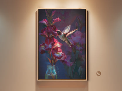 Impressionistic hummingbird artwork in a wood frame. The art features a hummingbird and crimson gladiolus flowers. This vibrant floral canvas adds eclectic charm to bedroom decor and is ready to hang.