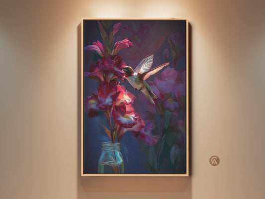 Impressionistic hummingbird artwork in a wood frame. The art features a hummingbird and crimson gladiolus flowers. This vibrant floral canvas adds eclectic charm to bedroom decor and is ready to hang.