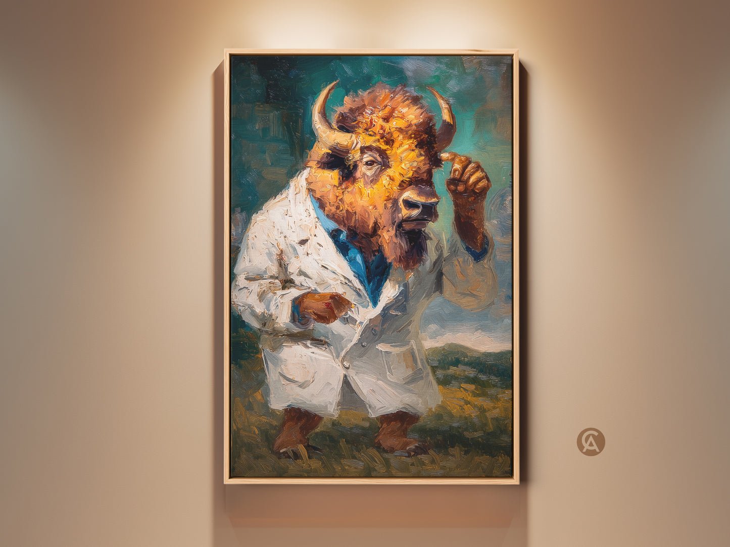 Framed artwork of a buffalo head figure wearing a lab coat. The artwork has a whimsical style. It is perfect for adding a touch of humor to a home or office. The artwork is displayed on a neutral wall with spotlight.