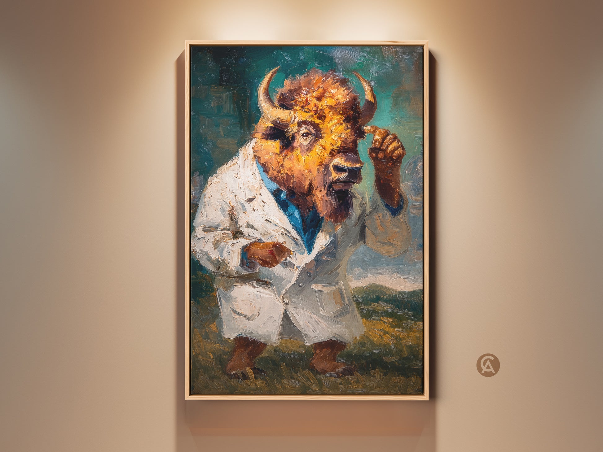 Framed artwork of a buffalo head figure wearing a lab coat. The artwork has a whimsical style. It is perfect for adding a touch of humor to a home or office. The artwork is displayed on a neutral wall with spotlight.