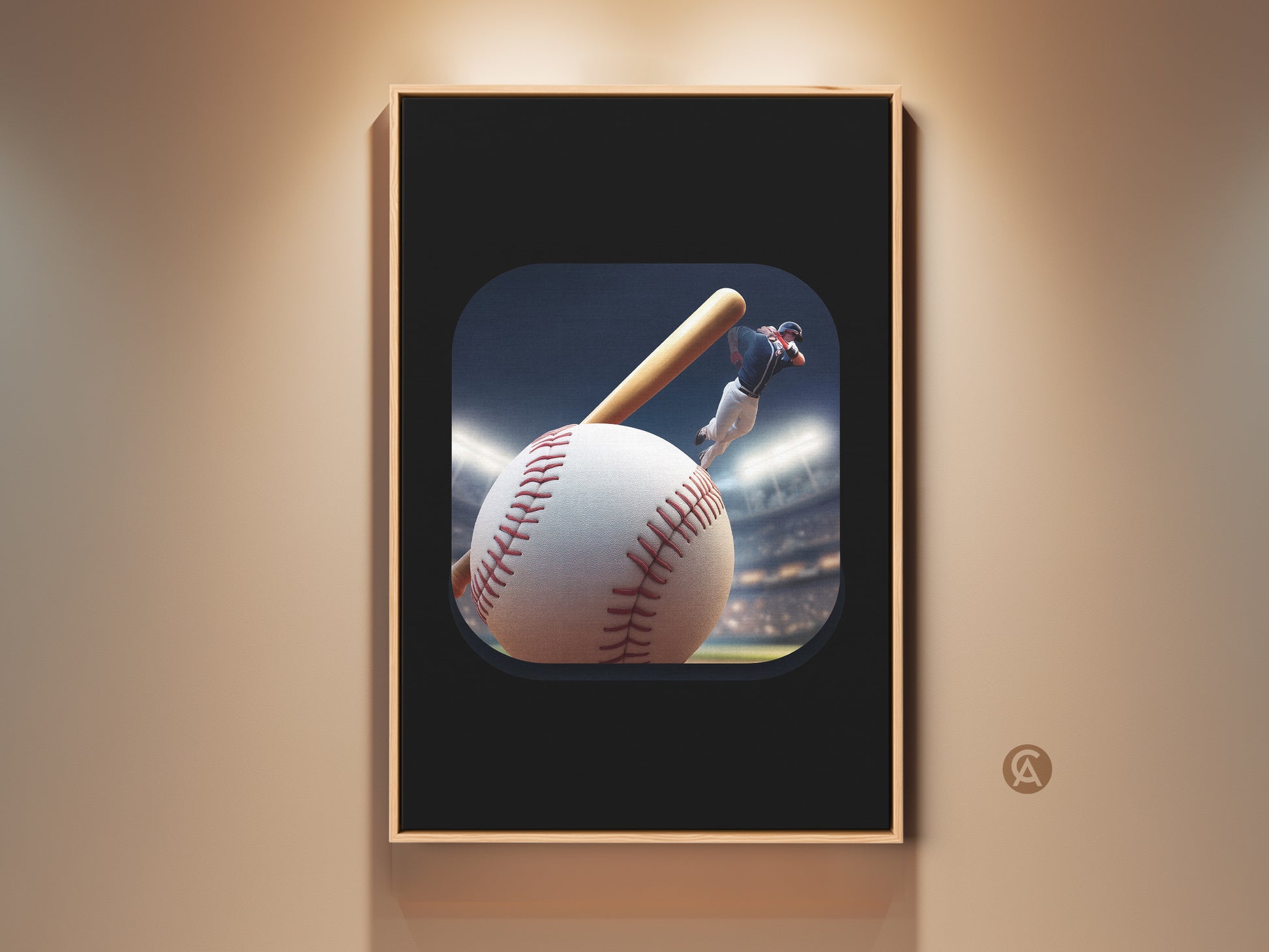 Modern baseball canvas art in a man cave setting. This action player print features a baseball bat. It makes contemporary sports artwork for baseball fans. The art adds a modern touch to any room. It is a unique gift idea for sports enthusiasts. Red white and blue colors makes it a classic piece.