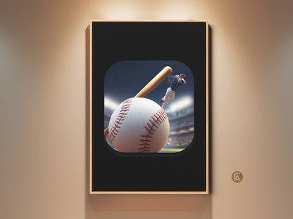Modern baseball canvas art in a man cave setting. This action player print features a baseball bat. It makes contemporary sports artwork for baseball fans. The art adds a modern touch to any room. It is a unique gift idea for sports enthusiasts. Red white and blue colors makes it a classic piece.