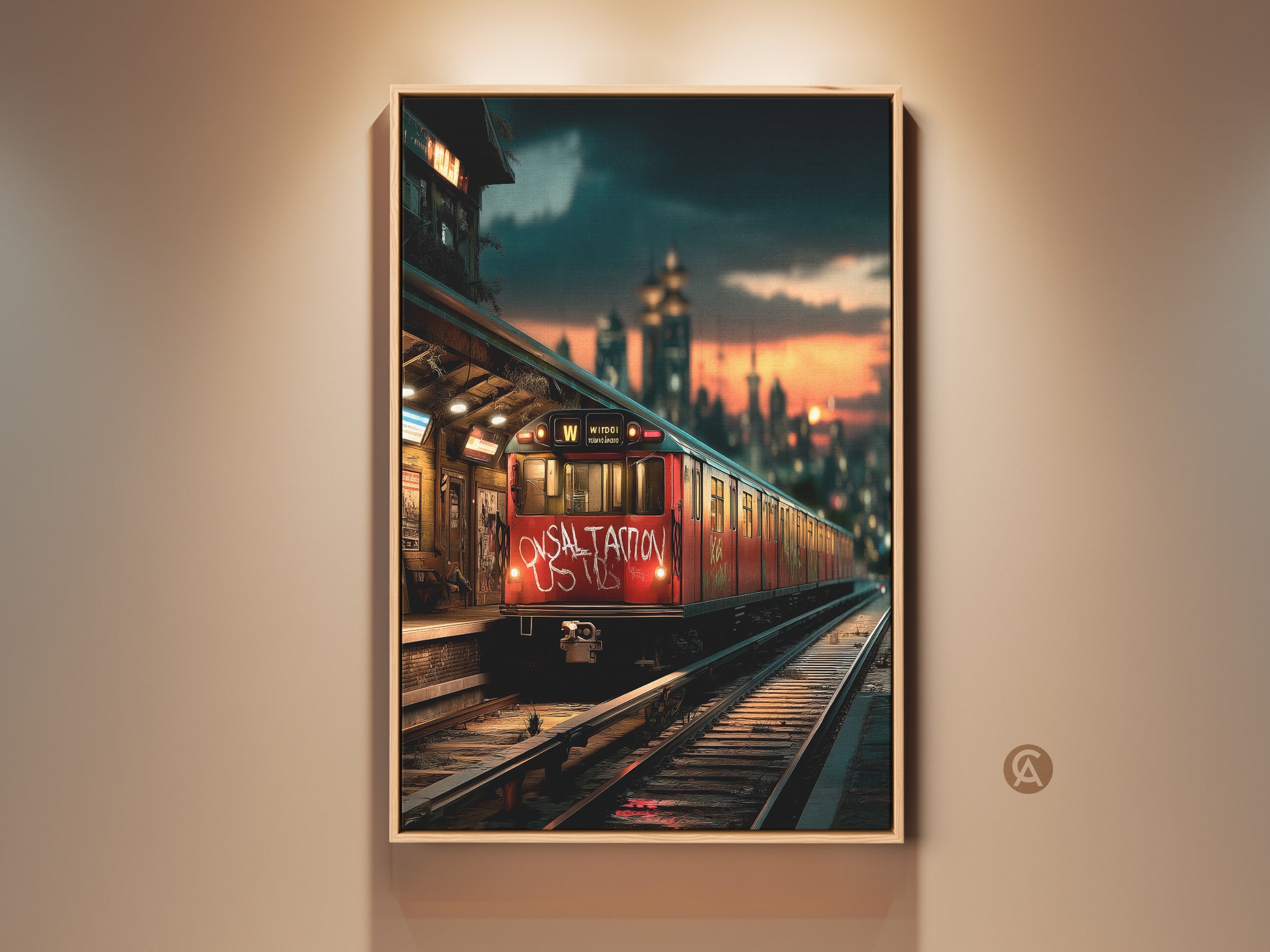 Cityscape Graffiti artwork on canvas. A red subway train is stopped at a station during sunset. This urban subway canvas art print captures the essence of industrial transportation wall art. Perfect entryway decor gift for the urban art lover. It embodies the spirit of city life in a loft-style decor.