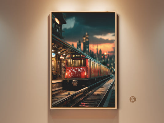 Cityscape Graffiti artwork on canvas. A red subway train is stopped at a station during sunset. This urban subway canvas art print captures the essence of industrial transportation wall art. Perfect entryway decor gift for the urban art lover. It embodies the spirit of city life in a loft-style decor.