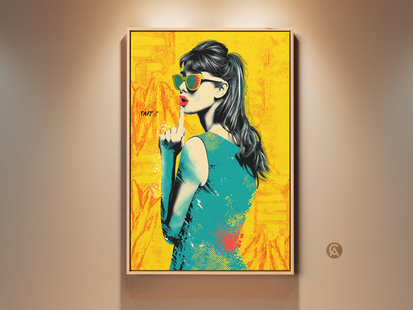 Vibrant Pop Art woman portrait This eclectic wall art features a retro fashion model with sunglasses. A perfect statement piece for a retro-inspired home. The artwork boasts yellow orange and teal colors. This canvas art adds unique personality to any space.