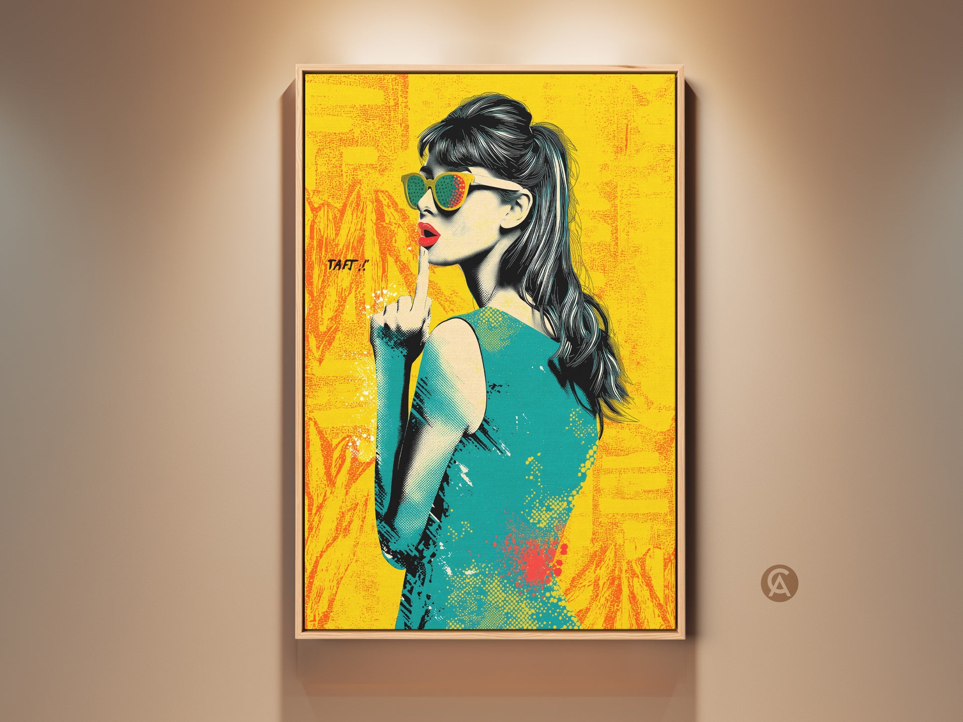 Vibrant Pop Art woman portrait This eclectic wall art features a retro fashion model with sunglasses. A perfect statement piece for a retro-inspired home. The artwork boasts yellow orange and teal colors. This canvas art adds unique personality to any space.