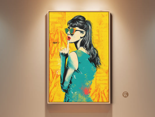 Vibrant Pop Art woman portrait This eclectic wall art features a retro fashion model with sunglasses. A perfect statement piece for a retro-inspired home. The artwork boasts yellow orange and teal colors. This canvas art adds unique personality to any space.