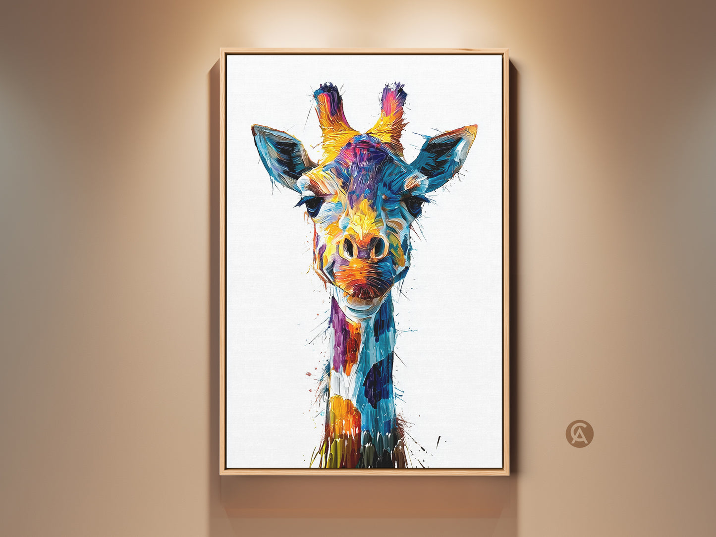 Framed abstract giraffe artwork adds a splash of color. This eclectic wildlife art features a vibrant splatter effect. The blue yellow teal tones make it a unique animal lover gift. This canvas print is ready to hang and enhances any modern home decor.