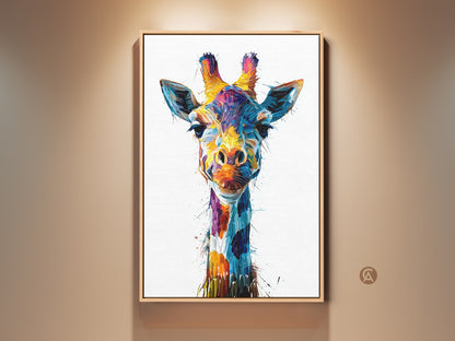 Framed abstract giraffe artwork adds a splash of color. This eclectic wildlife art features a vibrant splatter effect. The blue yellow teal tones make it a unique animal lover gift. This canvas print is ready to hang and enhances any modern home decor.