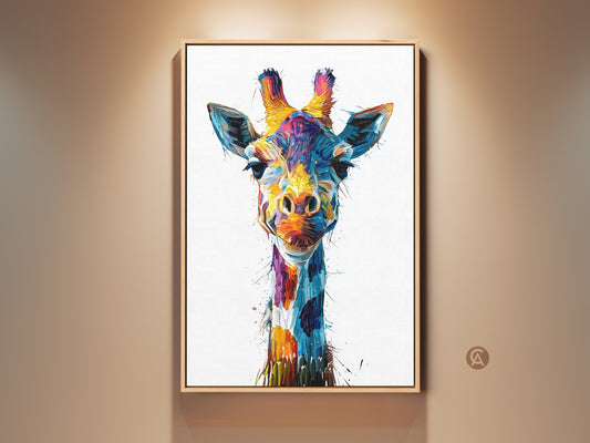 Framed abstract giraffe artwork adds a splash of color. This eclectic wildlife art features a vibrant splatter effect. The blue yellow teal tones make it a unique animal lover gift. This canvas print is ready to hang and enhances any modern home decor.
