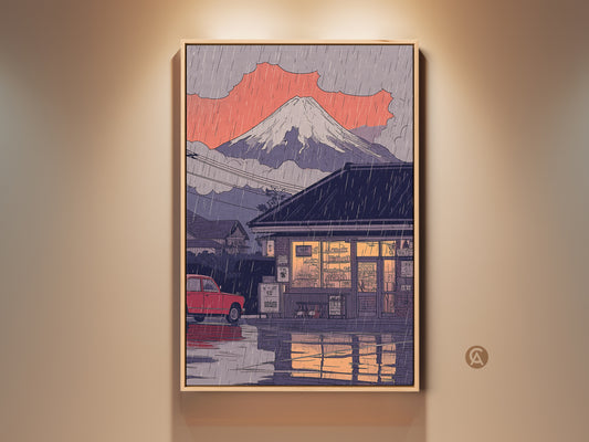 Framed retro Japanese landscape wall art print. Mount Fuji is featured with a vintage red car in the rain. This eclectic home decor artwork makes a great travel gift. The piece features purple grey tones. It's perfect for an entry hall adding charm to any space.
