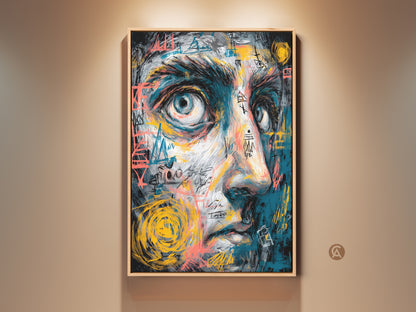Modern face art in a wood frame hangs on a beige wall. The artwork features a person's face with blue skin and colorful graffiti-like markings. This contemporary art piece adds a unique touch to any room. Shop now for modern face art prints.