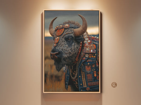 A framed bison with leather jacket art print hangs on a beige wall. It's a unique piece of eclectic rock music canvas art. The dark blue gray wildlife portrait adds a man cave decor touch. This is a great gift for him. The bison rocker art print embodies a punk rock style.
