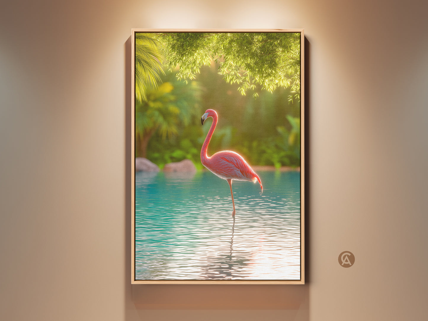 Tropical flamingo art print displayed in a warm-toned room. The pink bird stands in turquoise water. Lush greenery creates a serene backdrop. This boho beach wall decor brings a touch of nature to any home. It is a perfect gift for art and animal lovers.