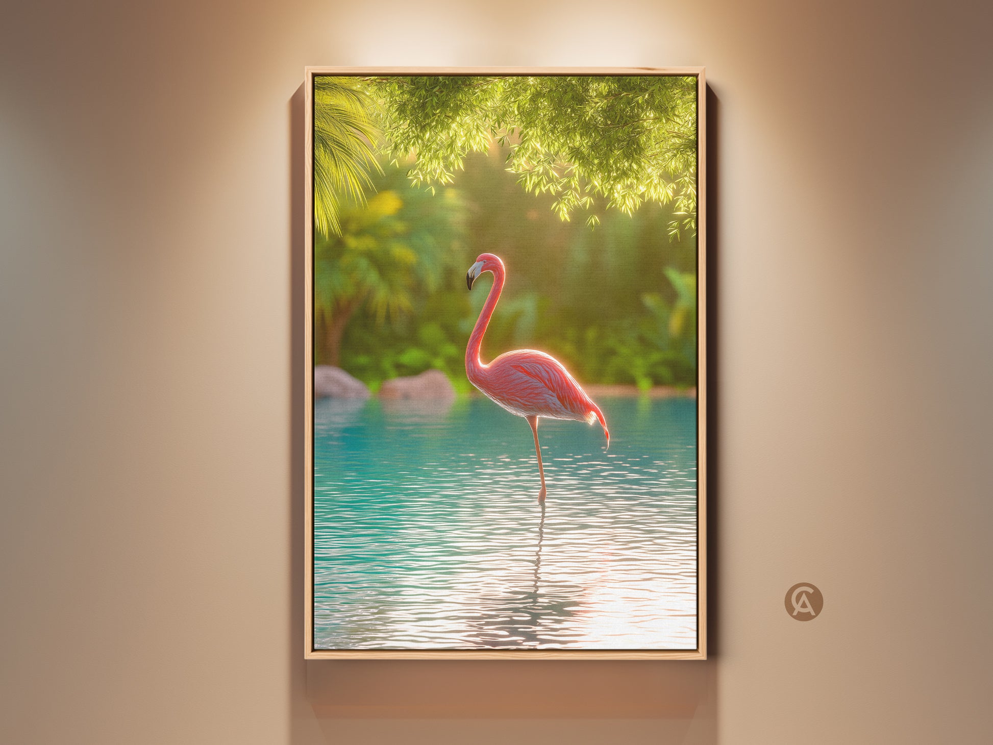 Tropical flamingo art print displayed in a warm-toned room. The pink bird stands in turquoise water. Lush greenery creates a serene backdrop. This boho beach wall decor brings a touch of nature to any home. It is a perfect gift for art and animal lovers.
