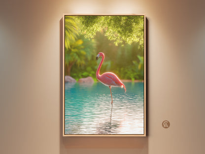 Tropical flamingo art print displayed in a warm-toned room. The pink bird stands in turquoise water. Lush greenery creates a serene backdrop. This boho beach wall decor brings a touch of nature to any home. It is a perfect gift for art and animal lovers.