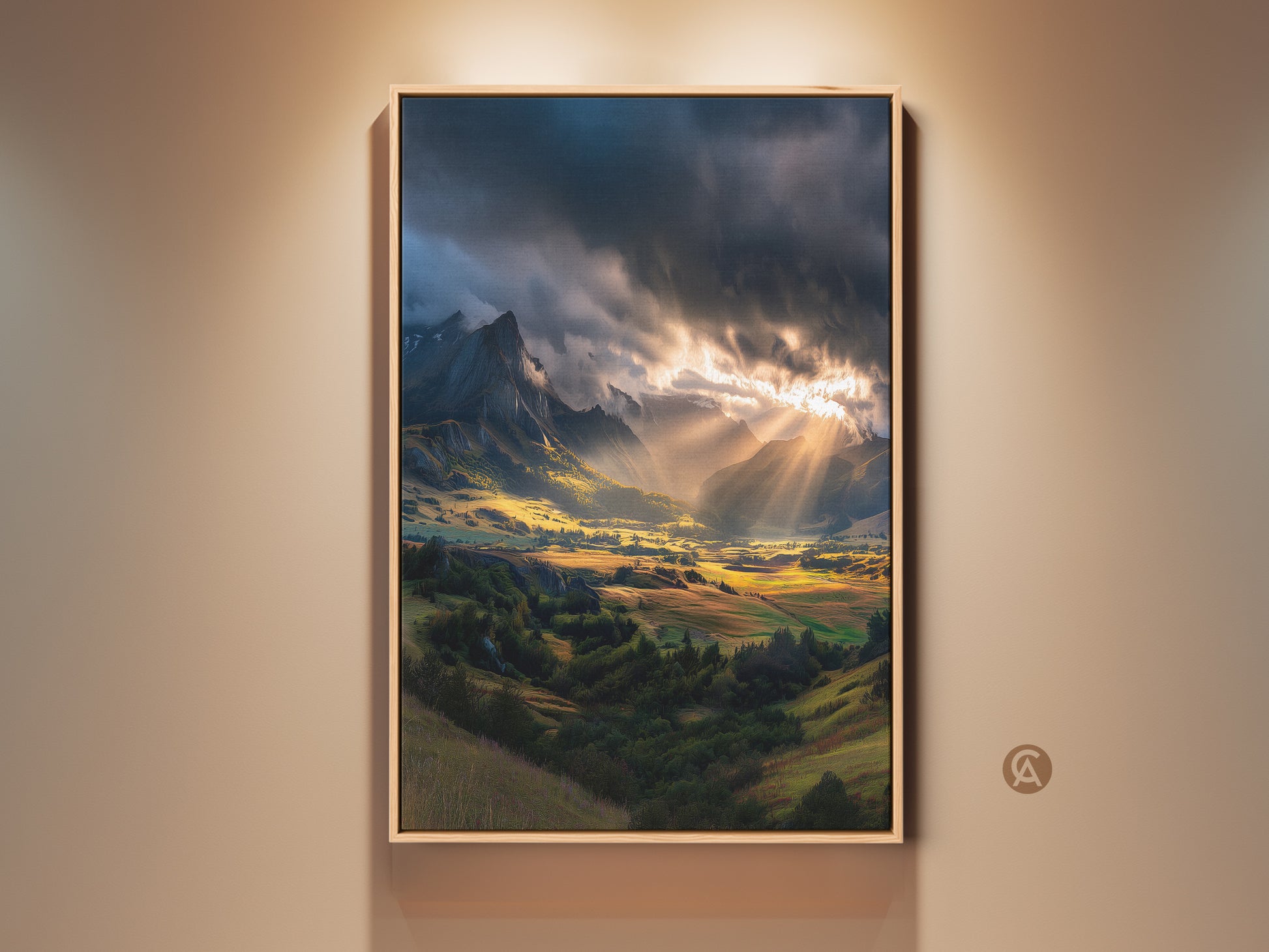 Rustic mountain valley canvas art in a wood frame. Golden sunbeams illuminate the landscape print. This nature wall decor brings a dramatic mountain scene to any room. Ideal as a housewarming gift for outdoor enthusiasts.