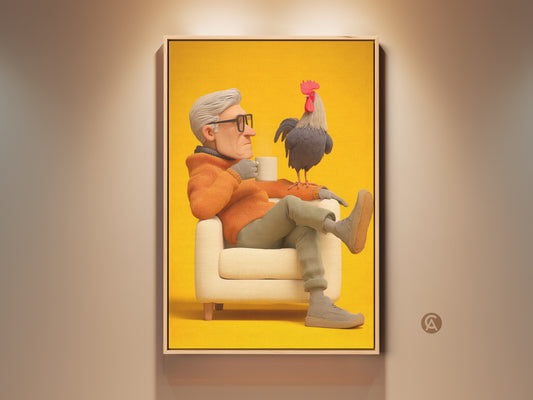 Eclectic art print featuring a grandfather with his rooster. This unique artwork adds a quirky touch to any room. The yellow and beige tones create a warm inviting atmosphere. Perfect for a birthday gift or home office decor. The rooster sits perched on the arm of a man holding a coffee mug.