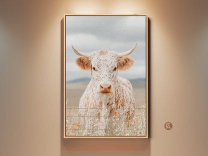 Framed artwork of a white and brown speckled longhorn cow. This art is set in a gold frame. The cow is standing behind a barbed wire fence. Wildflowers grow at the base of the fence. Add rustic charm to your home decor with this longhorn artwork.