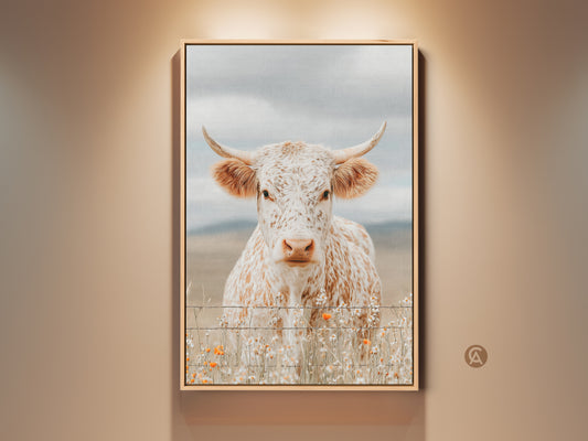 Framed artwork of a white and brown speckled longhorn cow. This art is set in a gold frame. The cow is standing behind a barbed wire fence. Wildflowers grow at the base of the fence. Add rustic charm to your home decor with this longhorn artwork.