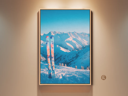 Framed canvas art print featuring a winter mountain scene. The artwork showcases snow-covered peaks and a pair of skis. The art is displayed under warm lighting. It adds a touch of adventure and serenity to any room. Perfect for ski enthusiasts and mountain lovers.