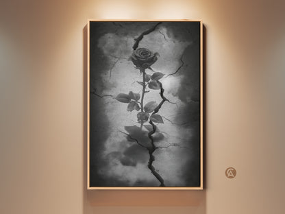 Framed gothic rose artwork displayed against a neutral wall. This dark floral artwork features a rose emerging from cracked earth. It's a surreal botanical canvas in black white and gray tones. This art piece adds an eclectic touch to home residential art. Perfect as a gothic bedroom art or anniversary gift.