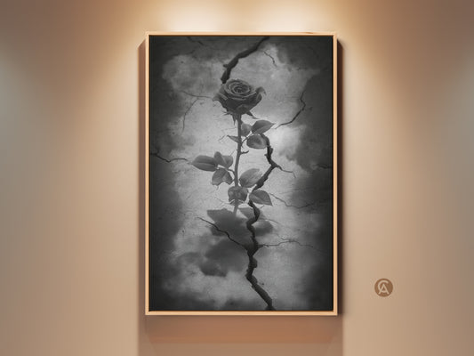 Framed gothic rose artwork displayed against a neutral wall. This dark floral artwork features a rose emerging from cracked earth. It's a surreal botanical canvas in black white and gray tones. This art piece adds an eclectic touch to home residential art. Perfect as a gothic bedroom art or anniversary gift.