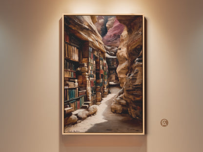 Experience this canyon library art print. It features an oil painting style and traditional study decor. The realistic architecture is ideal wall art for book lovers. The tan and brown canvas creates a cozy home decor. Perfect as a literary themed birthday gift. It's a unique scholarly artwork.