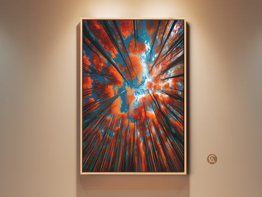 Framed artwork of a forest canopy. Looking up at the trees. The leaves are a vibrant orange color. The sky is visible through the branches. This art is a great addition to any home.