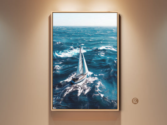 A framed canvas art print showcases a sailboat sailing on a deep blue ocean. This nautical seascape art is perfect coastal home decor. This blue ocean waves artwork adds a sailing adventure to any room. It is also a thoughtful gift for sailors.