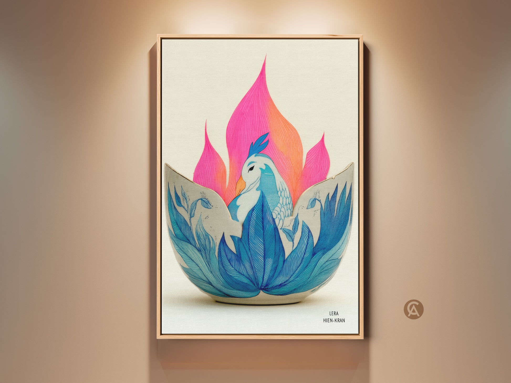 Art Nouveau Phoenix Print. A teal blue bird sits within a lotus floral abstract. This canvas decor blends folk art with unique bird artwork. Pink and orange highlight this teal blue home decor. It brings a modern folk art vibe to any room. Great housewarming gift art.