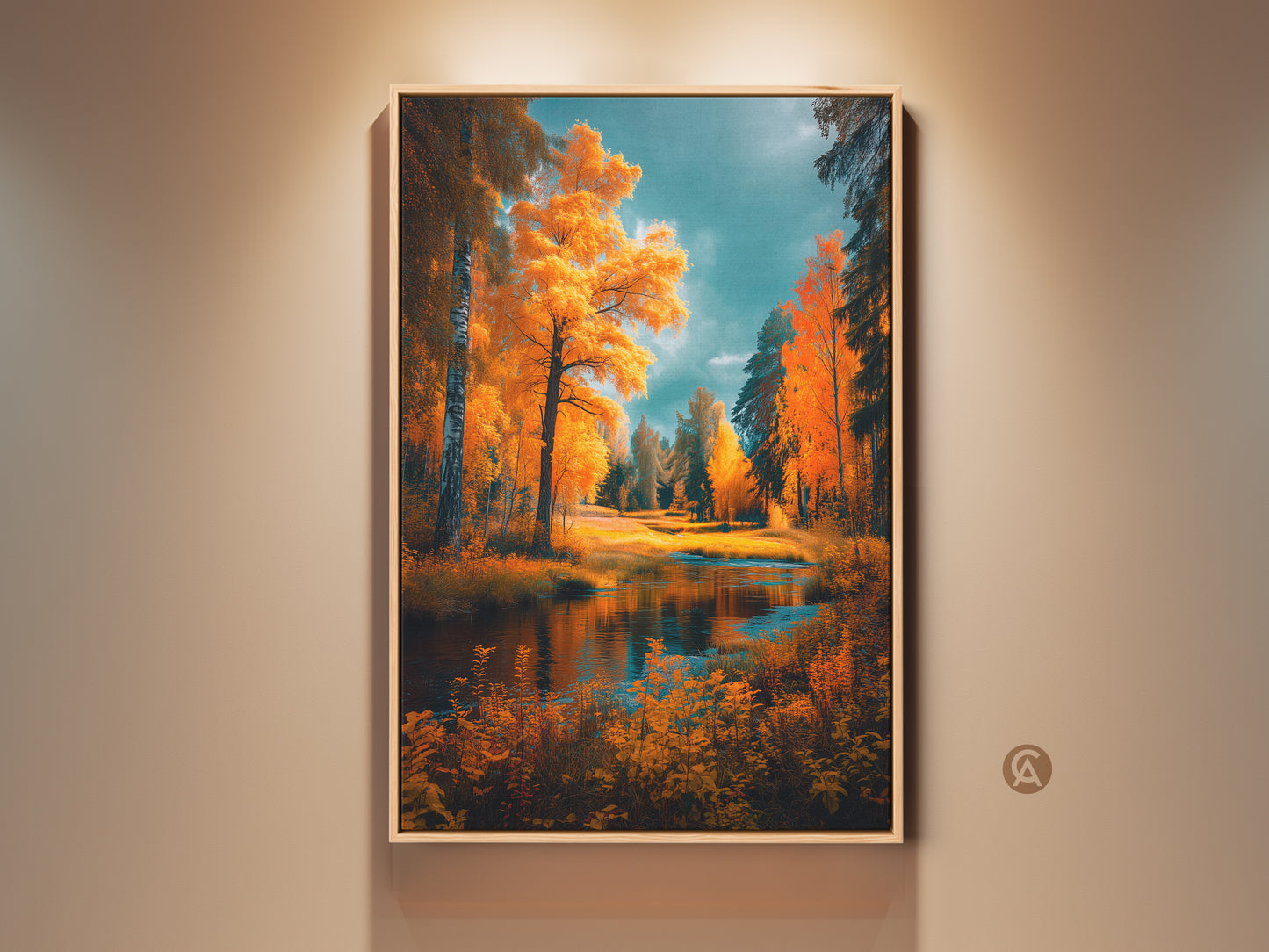 Gallery artwork showcasing a serene autumn landscape. The art features vibrant golden trees reflected in a calm lake. This framed canvas brings nature's beauty indoors. Perfect for adding a touch of seasonal warmth to any room. Shop now for stunning landscape art prints.