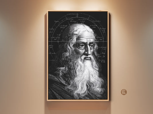 Framed vintage Da Vinci portrait art print. The engraving style shows scientific diagrams as wall art for a study. This intellectual office gift is perfect for history buffs. The classic black and white adds renaissance to any room.